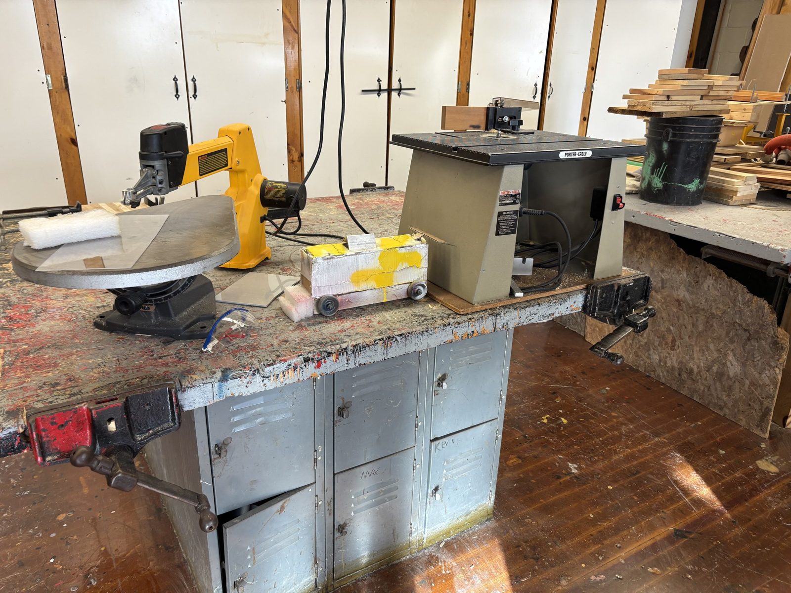 Worn workbench and equipment in the tech room