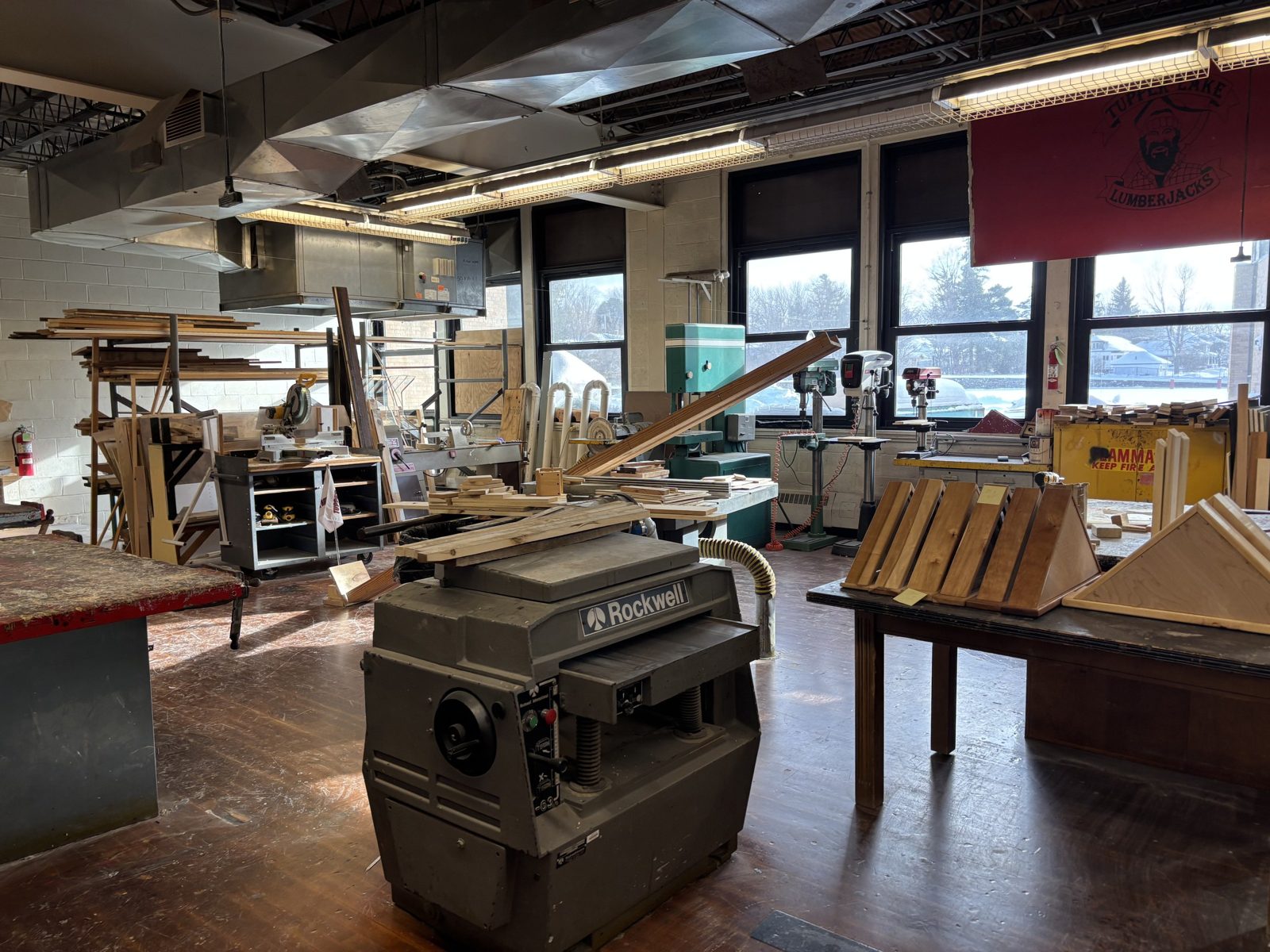 Tech room work area with student projects
